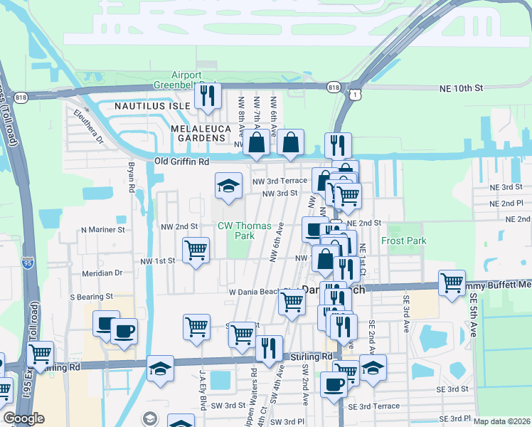 map of restaurants, bars, coffee shops, grocery stores, and more near 217 Northwest 7th Avenue in Dania Beach