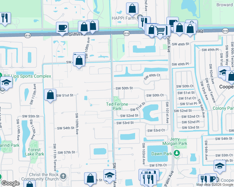 map of restaurants, bars, coffee shops, grocery stores, and more near 5015 Southwest 105th Avenue in Cooper City