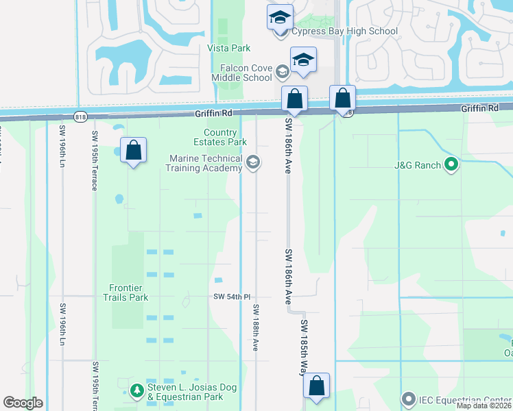 map of restaurants, bars, coffee shops, grocery stores, and more near 5010 Southwest 188th Avenue in Southwest Ranches