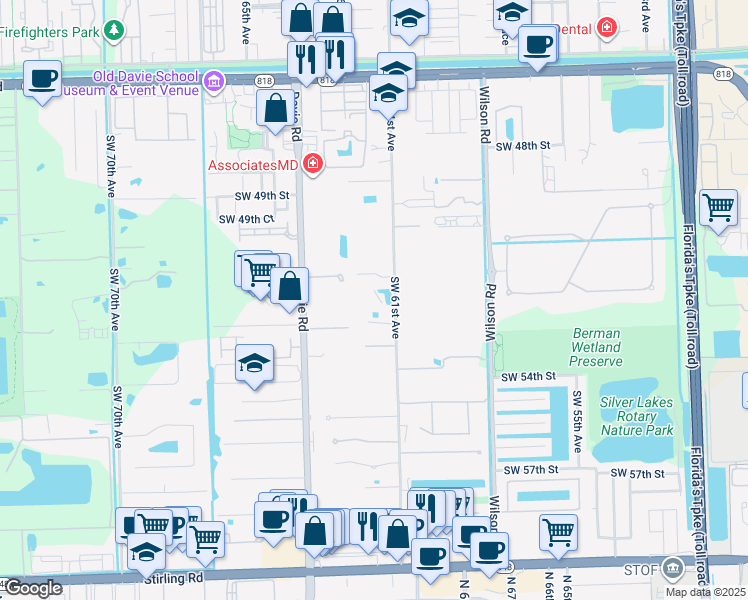 map of restaurants, bars, coffee shops, grocery stores, and more near 5151 Southwest 61st Avenue in Davie