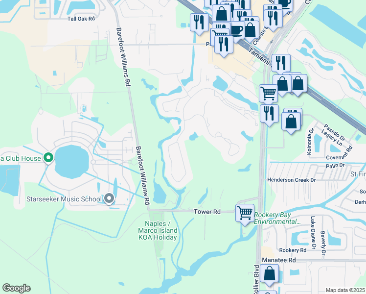map of restaurants, bars, coffee shops, grocery stores, and more near 507 Eagle Creek Drive in Naples
