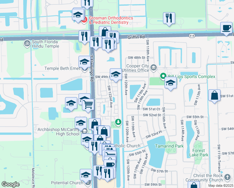 map of restaurants, bars, coffee shops, grocery stores, and more near 12141 Southwest 50th Place in Cooper City