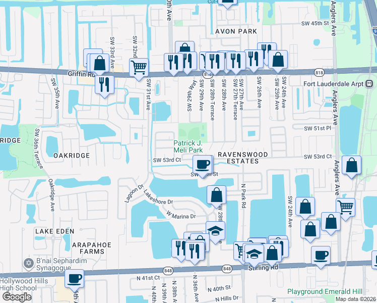 map of restaurants, bars, coffee shops, grocery stores, and more near 2941 Southwest 53rd Street in Fort Lauderdale