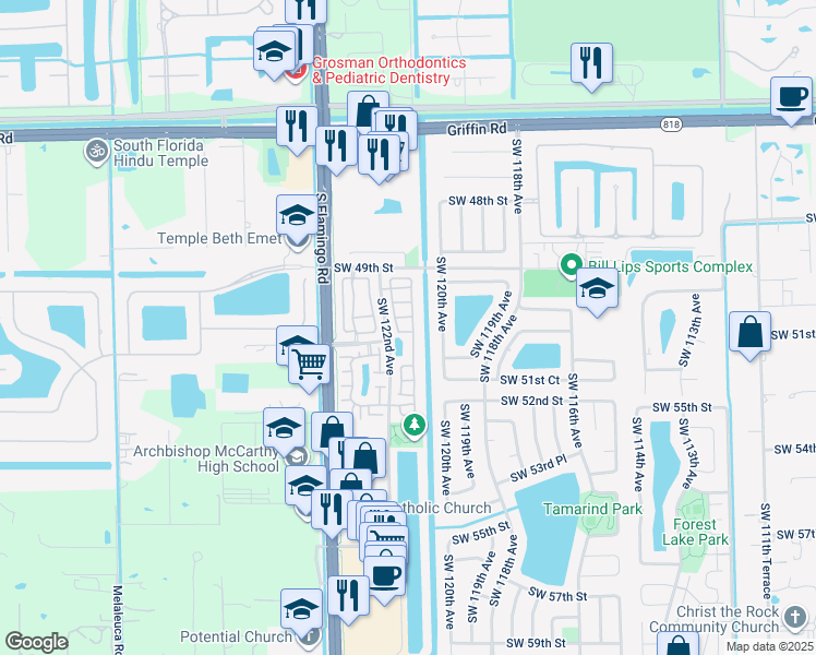 map of restaurants, bars, coffee shops, grocery stores, and more near 12147 Southwest 50th Place in Cooper City