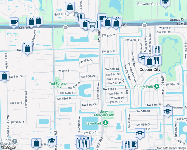 map of restaurants, bars, coffee shops, grocery stores, and more near 10131 Southwest 50th Court in Cooper City