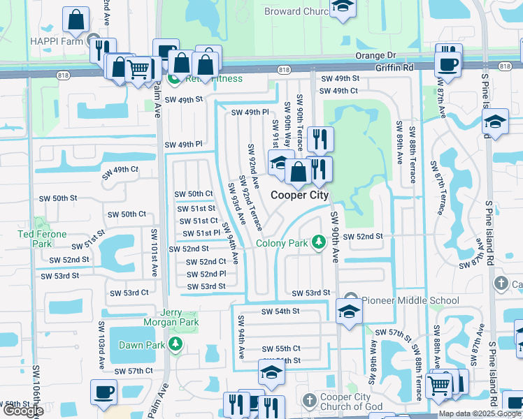 map of restaurants, bars, coffee shops, grocery stores, and more near 5117 Southwest 92nd Avenue in Cooper City