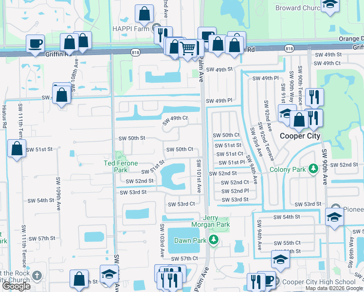 map of restaurants, bars, coffee shops, grocery stores, and more near 10131 Southwest 50th Court in Cooper City