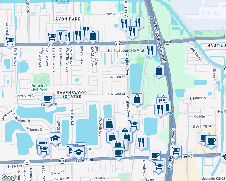 map of restaurants, bars, coffee shops, grocery stores, and more near 5290 Southwest 22nd Terrace in Fort Lauderdale