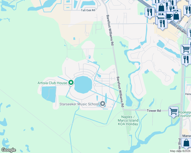 map of restaurants, bars, coffee shops, grocery stores, and more near 1296 Kendari Terrace in Naples