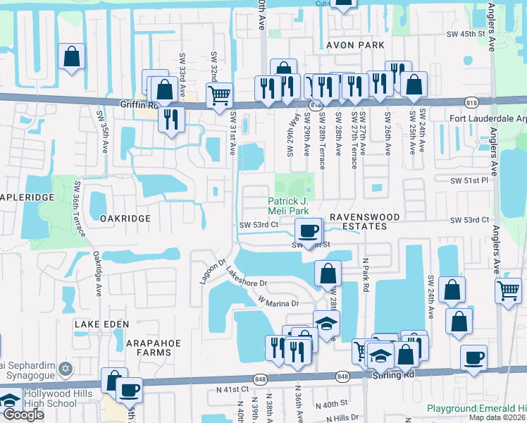 map of restaurants, bars, coffee shops, grocery stores, and more near 3004 Southwest 52nd Street in Fort Lauderdale