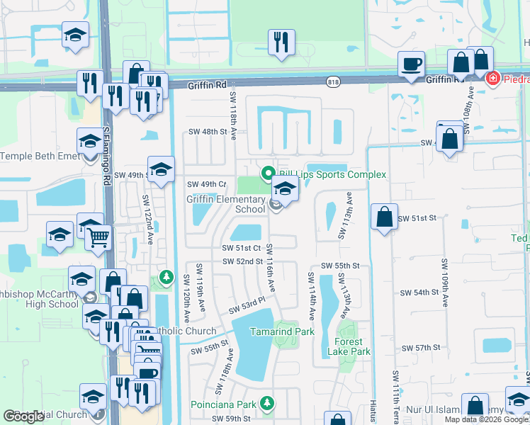 map of restaurants, bars, coffee shops, grocery stores, and more near 11601 Southwest 50th Court in Cooper City