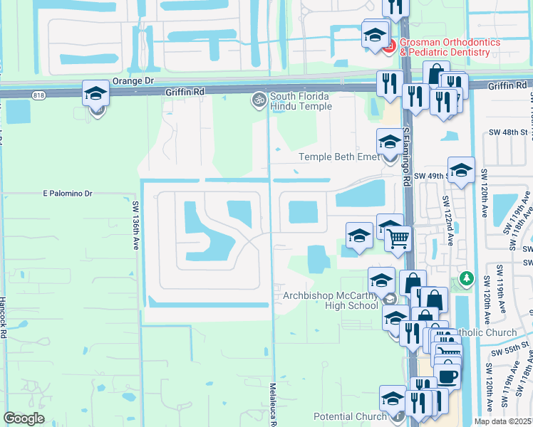 map of restaurants, bars, coffee shops, grocery stores, and more near 5054 Countrybrook Drive in Cooper City