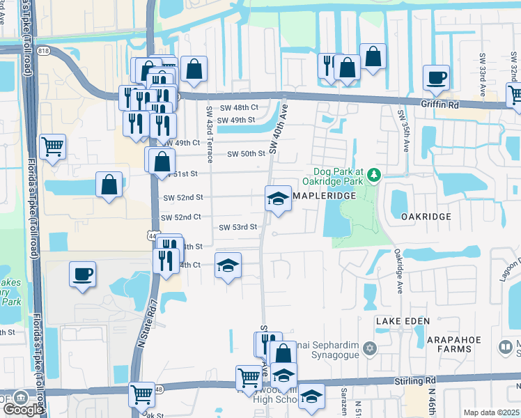 map of restaurants, bars, coffee shops, grocery stores, and more near 5205 Southwest 40th Avenue in Fort Lauderdale