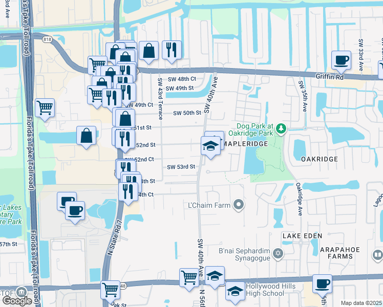 map of restaurants, bars, coffee shops, grocery stores, and more near 5243 Southwest 40th Avenue in Fort Lauderdale