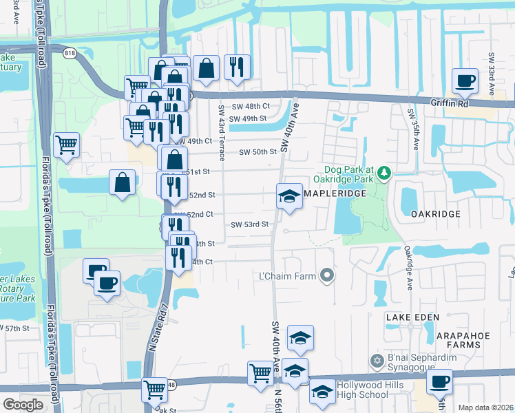 map of restaurants, bars, coffee shops, grocery stores, and more near 5243 Southwest 40th Avenue in Fort Lauderdale