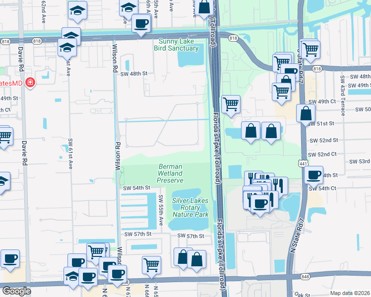 map of restaurants, bars, coffee shops, grocery stores, and more near 5352 South Sterling Ranch Circle in Davie
