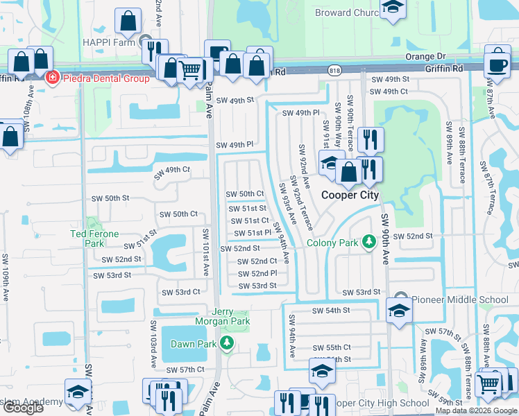 map of restaurants, bars, coffee shops, grocery stores, and more near 9406 Southwest 51st Street in Cooper City
