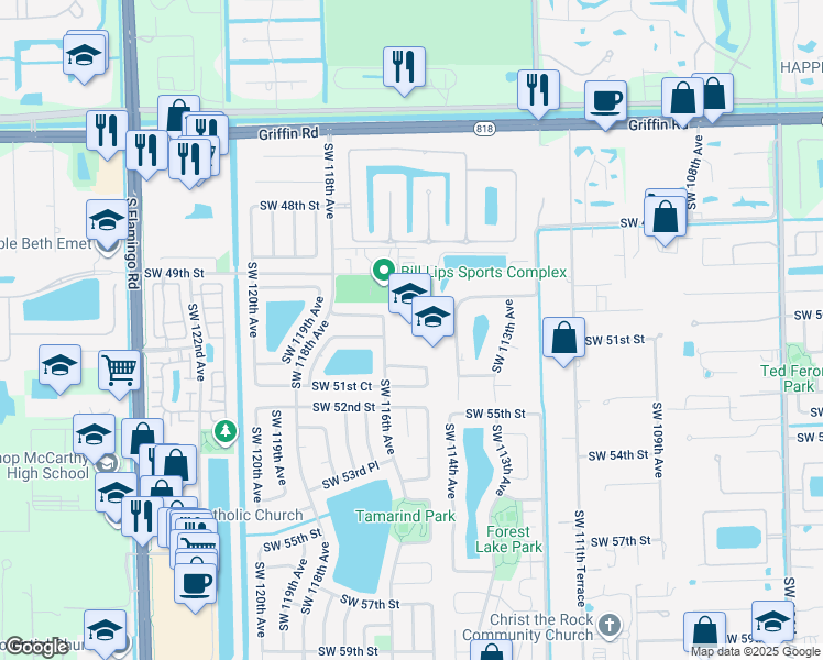 map of restaurants, bars, coffee shops, grocery stores, and more near 5050 Southwest 116th Avenue in Cooper City