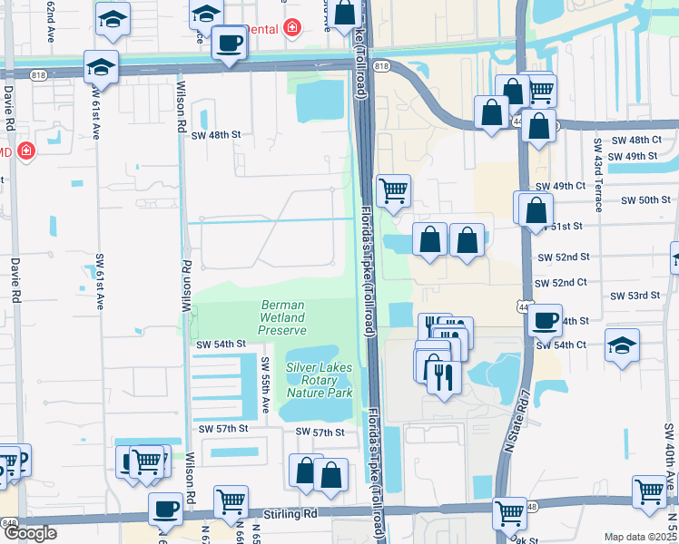 map of restaurants, bars, coffee shops, grocery stores, and more near 5232 South Sterling Ranch Circle in Davie