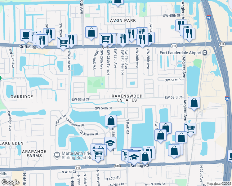 map of restaurants, bars, coffee shops, grocery stores, and more near 5220 Southwest 28th Avenue in Fort Lauderdale