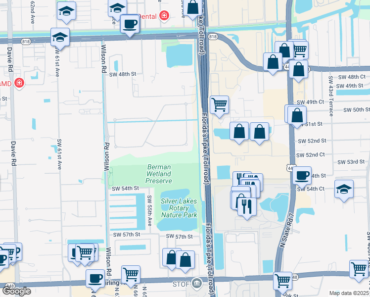 map of restaurants, bars, coffee shops, grocery stores, and more near 5232 South Sterling Ranch Circle in Davie