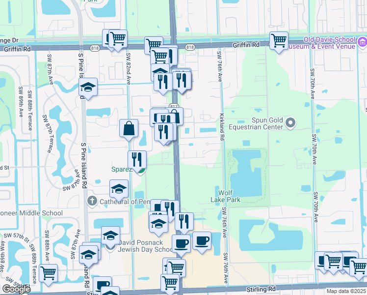 map of restaurants, bars, coffee shops, grocery stores, and more near 5240 South University Drive in Davie