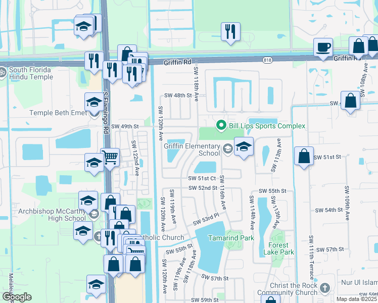 map of restaurants, bars, coffee shops, grocery stores, and more near 119 The Common in Cooper City