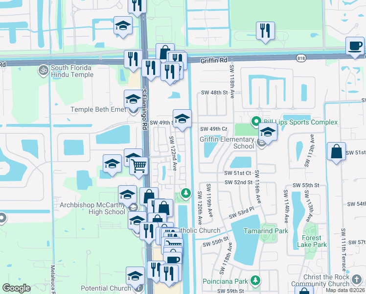map of restaurants, bars, coffee shops, grocery stores, and more near 12141 Southwest 50th Place in Cooper City