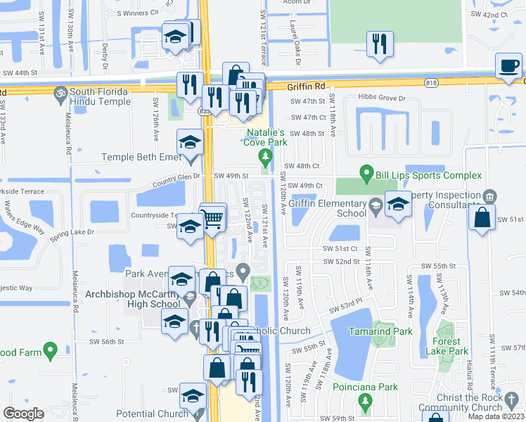 map of restaurants, bars, coffee shops, grocery stores, and more near 12136 Southwest 50th Court in Cooper City