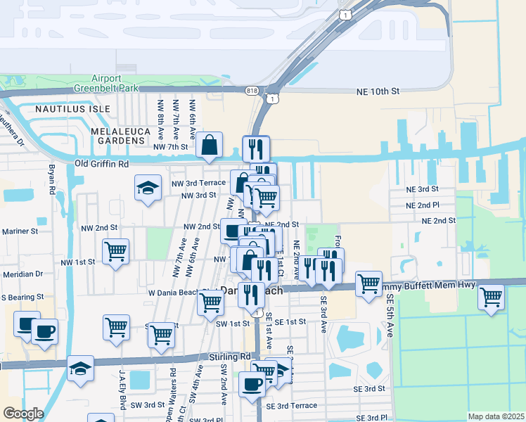 map of restaurants, bars, coffee shops, grocery stores, and more near 212 North Federal Highway in Dania Beach