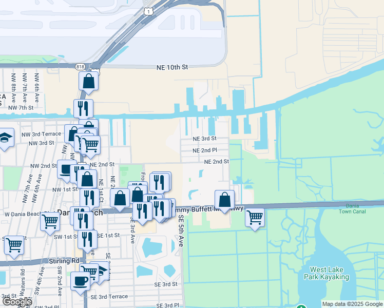 map of restaurants, bars, coffee shops, grocery stores, and more near 518 Northeast 2nd Place in Dania Beach