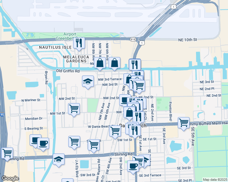 map of restaurants, bars, coffee shops, grocery stores, and more near 215 Northwest 5th Avenue in Dania Beach
