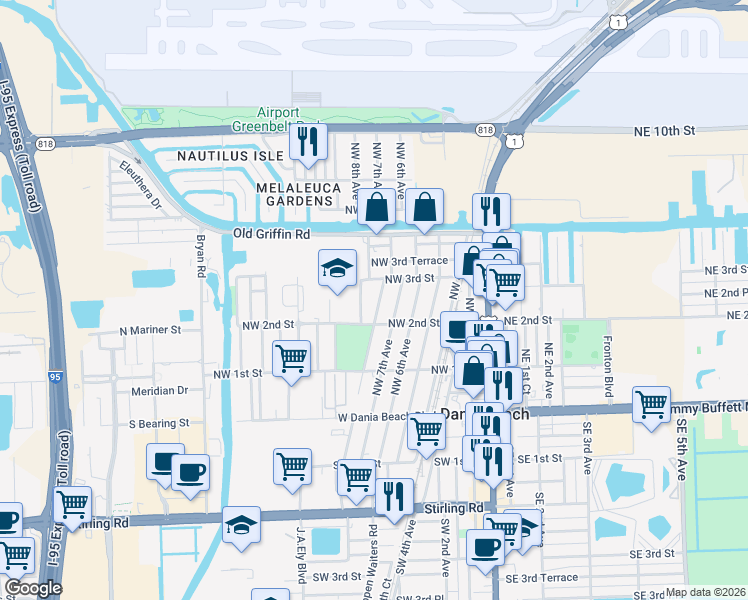 map of restaurants, bars, coffee shops, grocery stores, and more near 217 Northwest 7th Avenue in Dania Beach