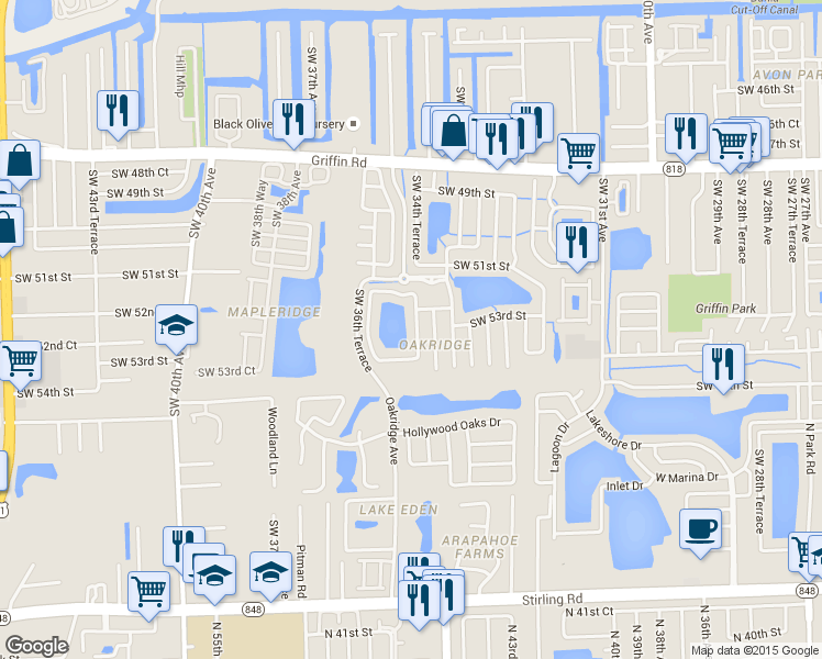 map of restaurants, bars, coffee shops, grocery stores, and more near 5334 Southwest 34th Street in Hollywood