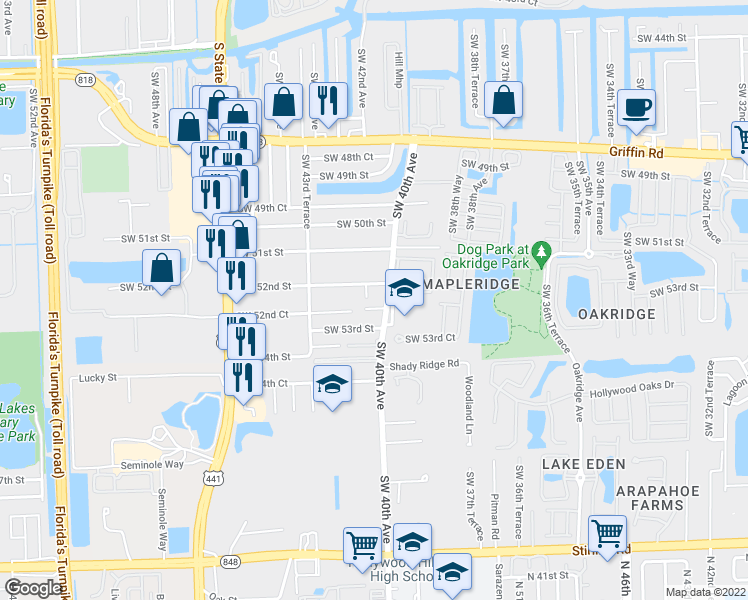 map of restaurants, bars, coffee shops, grocery stores, and more near 5243 Southwest 40th Avenue in Fort Lauderdale