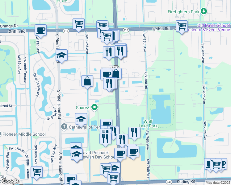 map of restaurants, bars, coffee shops, grocery stores, and more near 5240 South University Drive in Davie