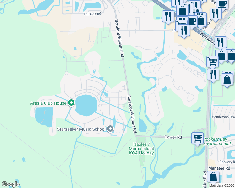 map of restaurants, bars, coffee shops, grocery stores, and more near 1245 Kendari Terrace in Naples