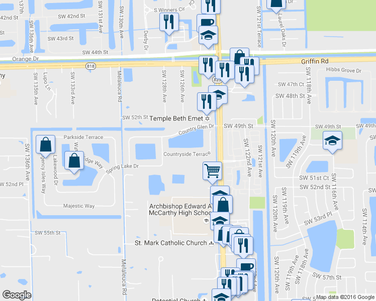 map of restaurants, bars, coffee shops, grocery stores, and more near 12611 Countryside Terrace in Cooper City
