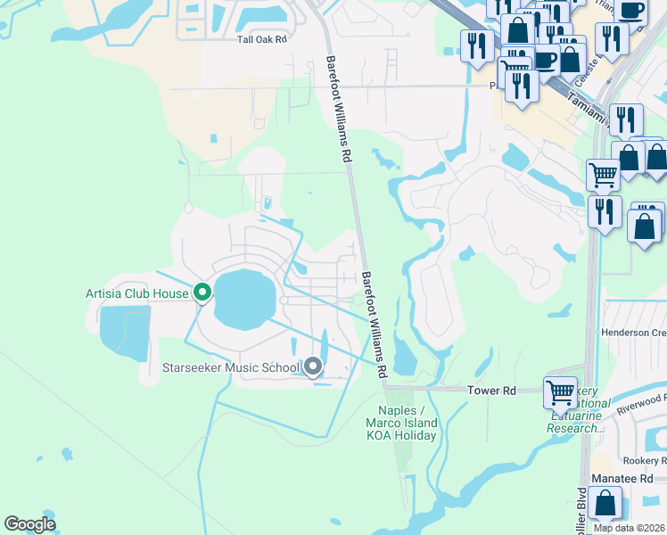 map of restaurants, bars, coffee shops, grocery stores, and more near 1245 Kendari Terrace in Naples