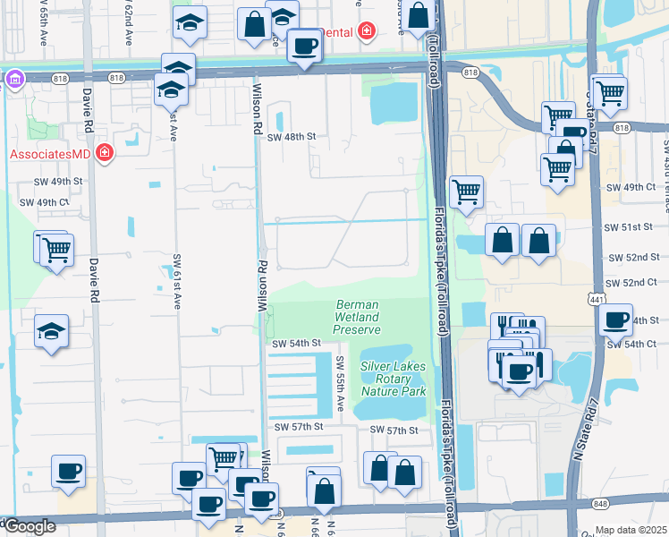 map of restaurants, bars, coffee shops, grocery stores, and more near 5442 South Sterling Ranch Circle in Davie