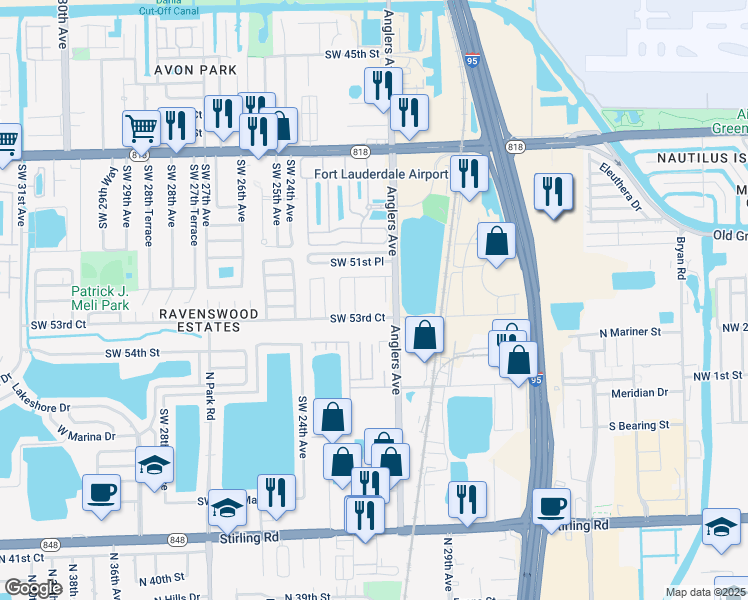 map of restaurants, bars, coffee shops, grocery stores, and more near 2121 Southwest 53rd Court in Fort Lauderdale