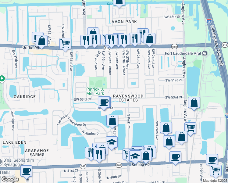 map of restaurants, bars, coffee shops, grocery stores, and more near 5220 Southwest 28th Avenue in Fort Lauderdale