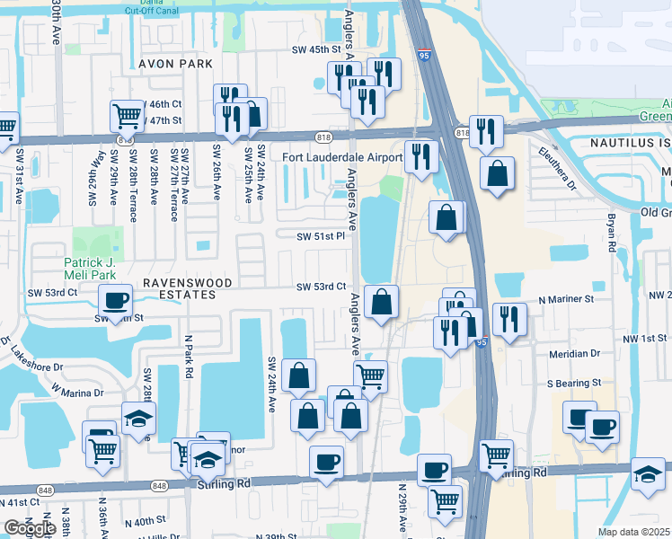 map of restaurants, bars, coffee shops, grocery stores, and more near 2121 Southwest 53rd Court in Fort Lauderdale