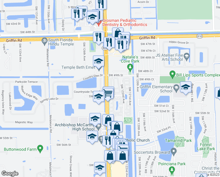 map of restaurants, bars, coffee shops, grocery stores, and more near 5033 Southwest 123rd Terrace in Cooper City