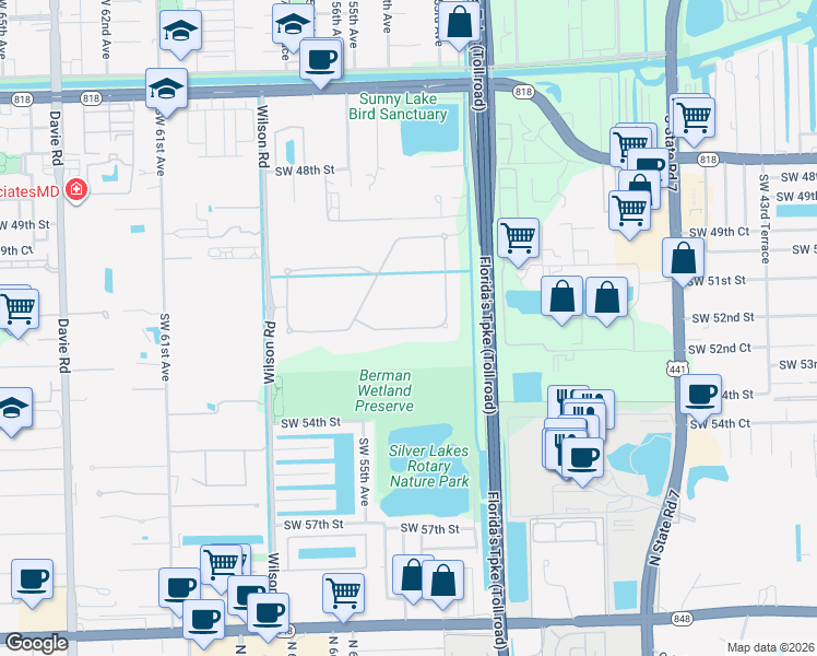 map of restaurants, bars, coffee shops, grocery stores, and more near 5352 South Sterling Ranch Circle in Davie