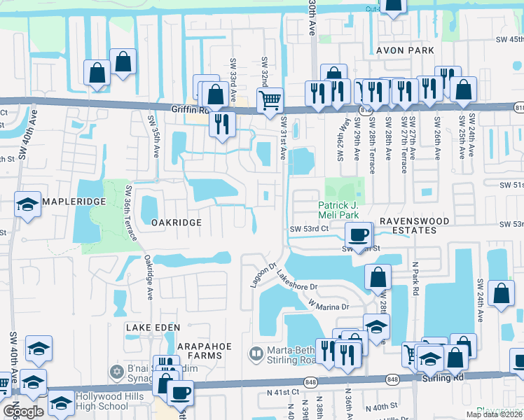 map of restaurants, bars, coffee shops, grocery stores, and more near 5201 Southwest 31st Avenue in Fort Lauderdale