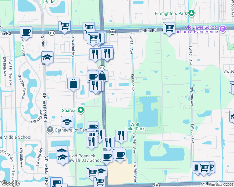 map of restaurants, bars, coffee shops, grocery stores, and more near 5224 Southwest 77th Way in Davie