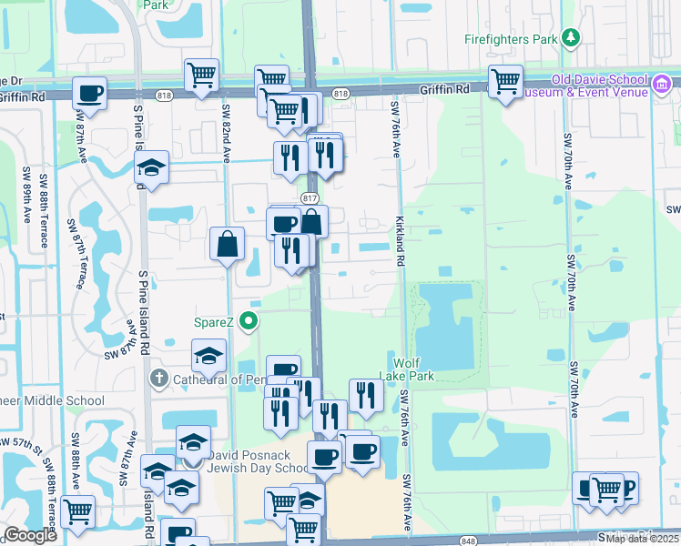 map of restaurants, bars, coffee shops, grocery stores, and more near 5240 South University Drive in Davie