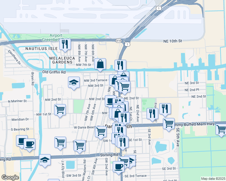 map of restaurants, bars, coffee shops, grocery stores, and more near 217 Northwest 1st Avenue in Dania Beach