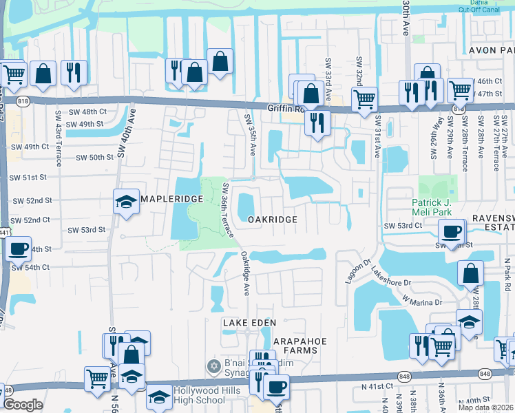 map of restaurants, bars, coffee shops, grocery stores, and more near 5334 Southwest 34th Street in Hollywood